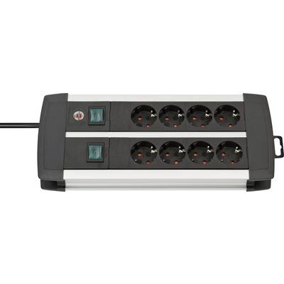 Black power strip with two illuminated switches and eight round outlets, shown in a side view with a connected cord.