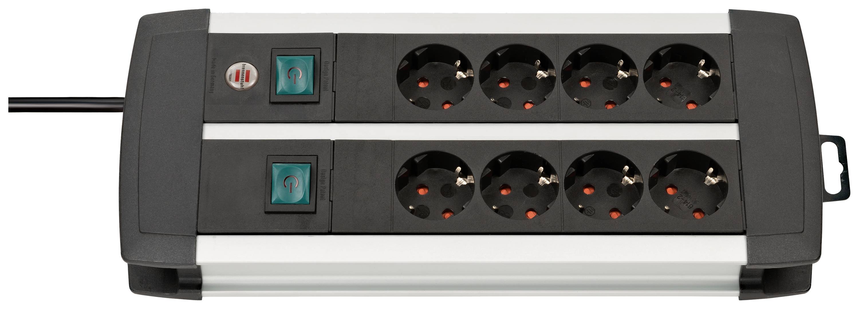 A power strip with eight socket outlets and two on/off switches, each controlling a row of sockets.
