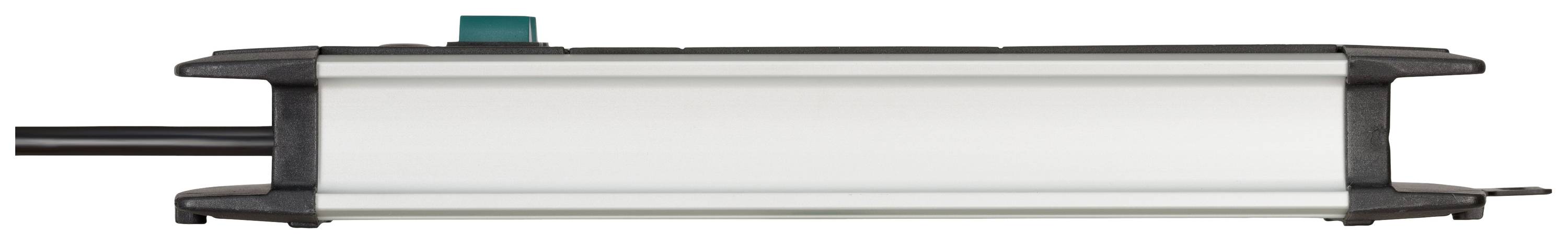 A long, silver enclosure with black end caps and a green switch on top, possibly an electronic device.