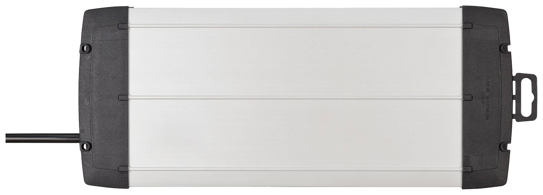 A rectangular, silver electrical box with black ends and a cable on the left side; apparently an electronic device.