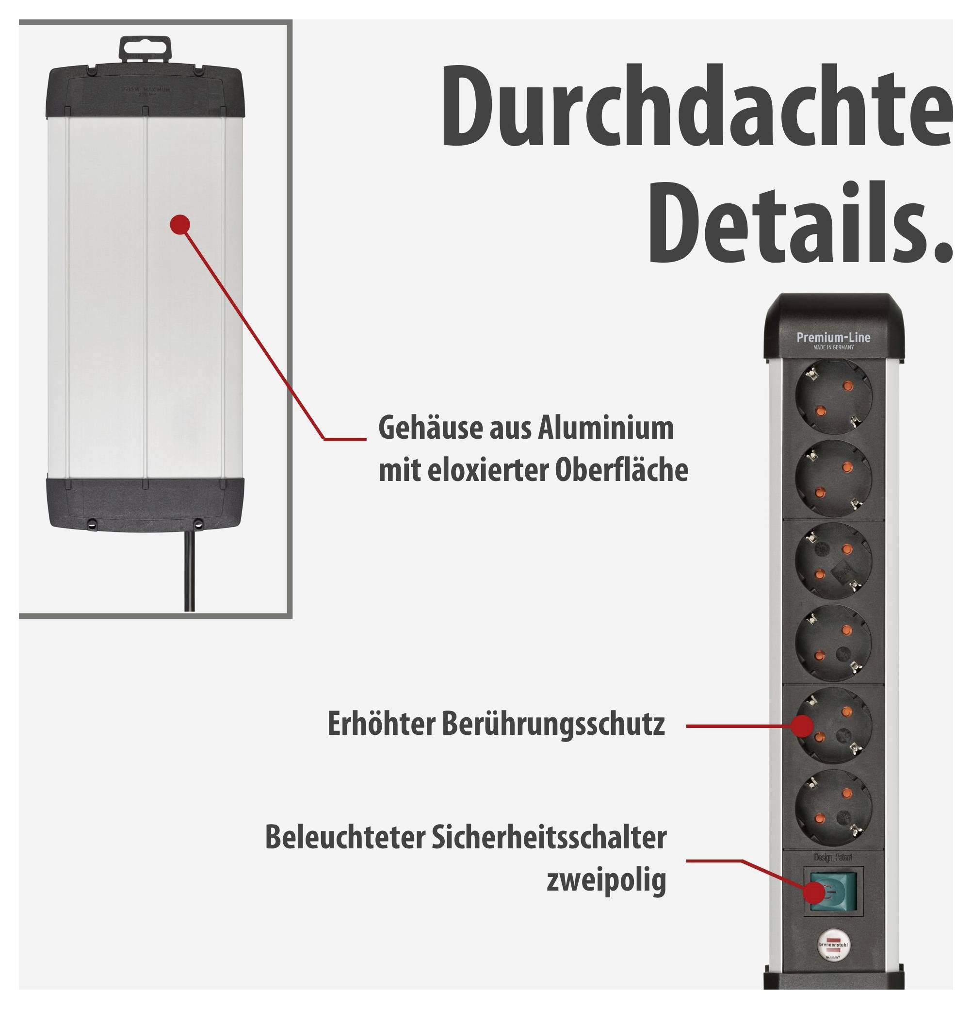 Advertising graphic of a black power socket strip featuring the text 'Thoughtfully designed details', 'Aluminium housing with anodised finish', 'Enhanced contact protection' and 'Illuminated two-pole safety switch'.