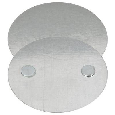 Two overlapping oval metal discs, the front disc with two small raised circular fasteners.