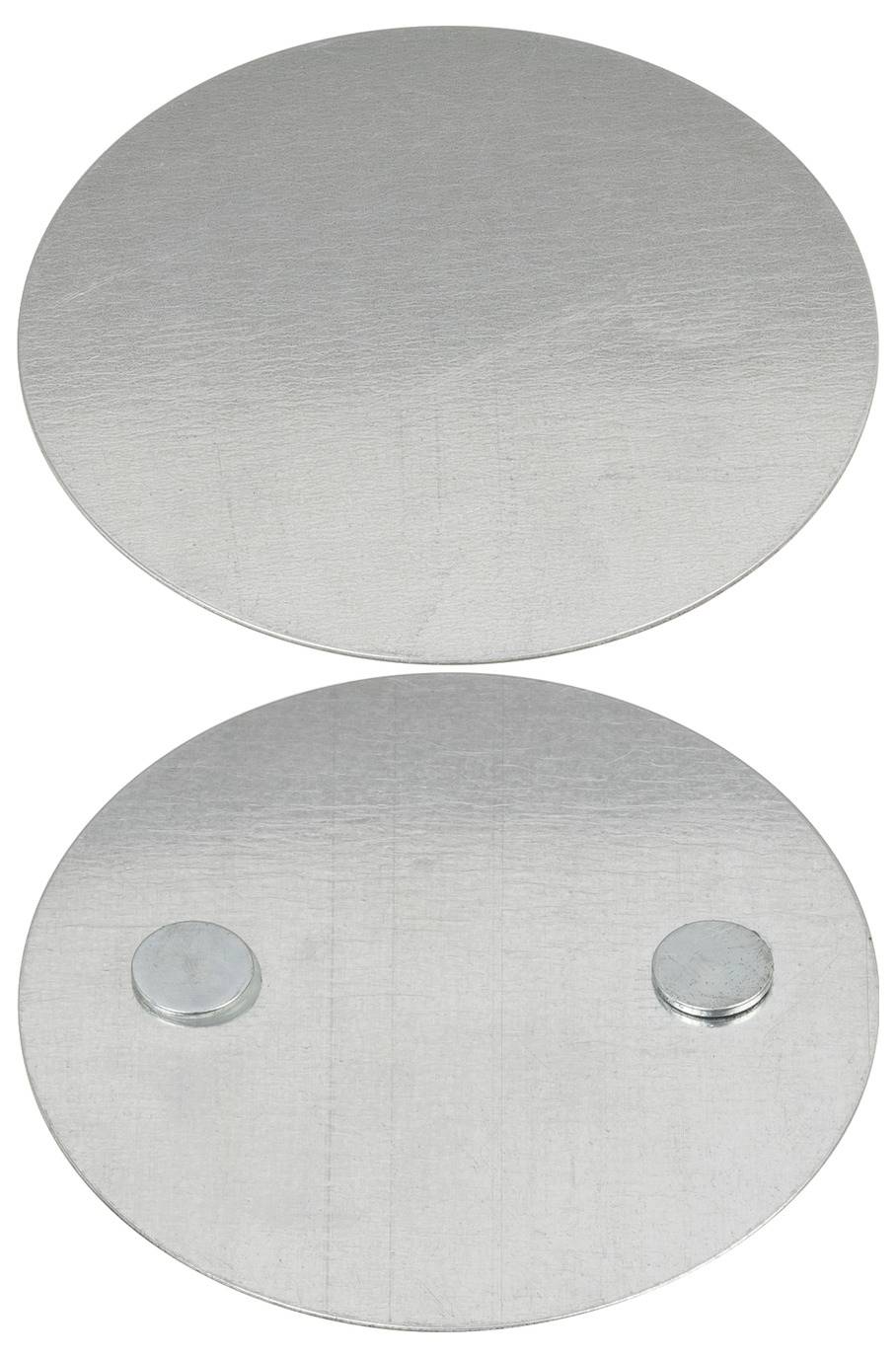 Two views of a brushed metal oval plate: front side smooth, reverse side with two small round mounting studs.