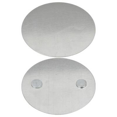 Two views of a brushed metal oval plate: front side smooth, reverse side with two small round mounting studs.
