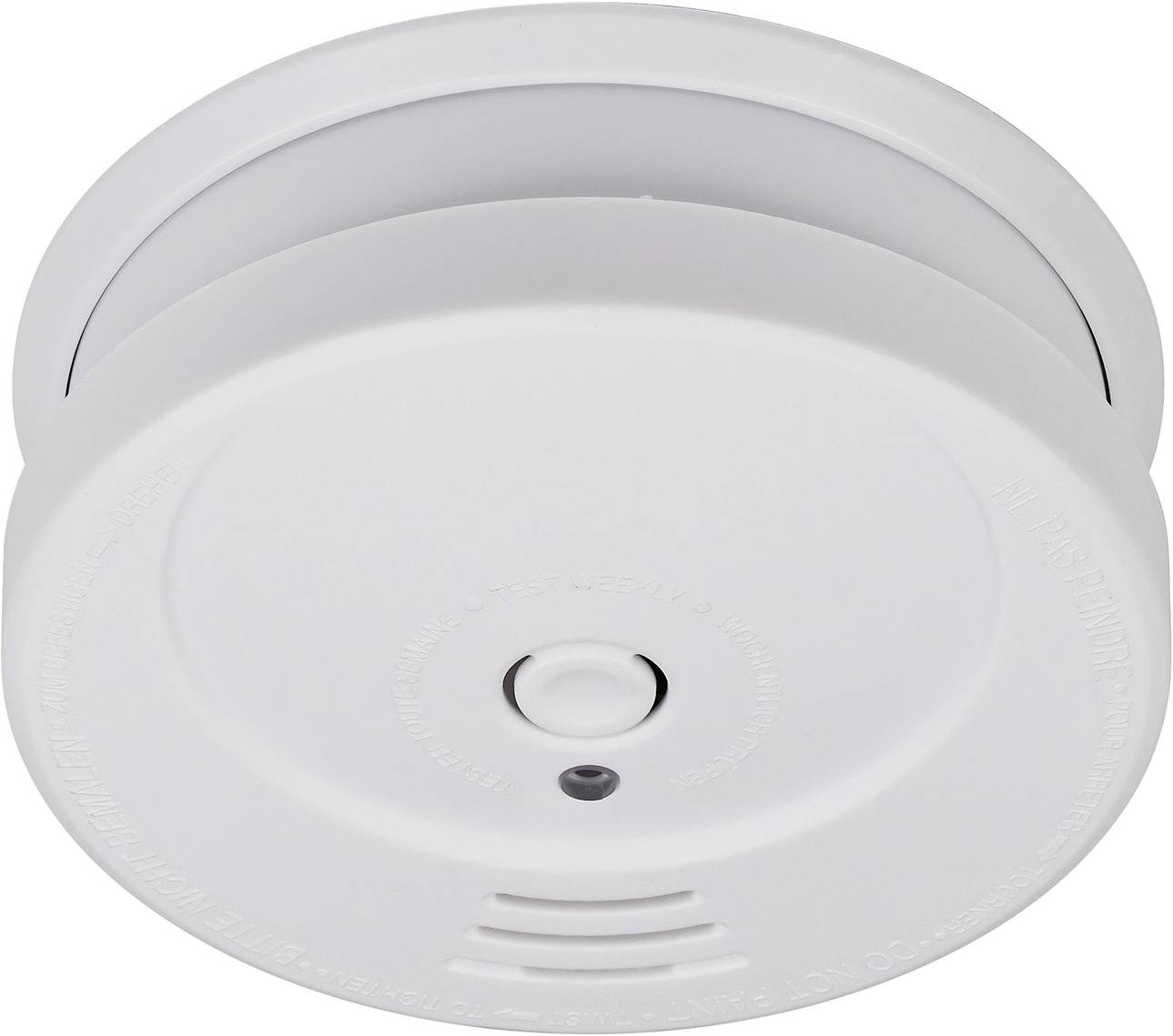 White ceiling-mounted smoke detector with central test button and status light.