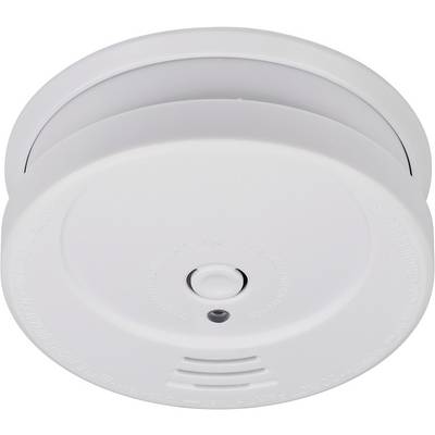 White smoke detector with central test button and indicator light, shown from below against a plain background.