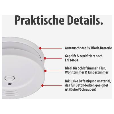 Illustration of a smoke detector with heading 'Practical Details': replaceable 9V block battery, tested to EN 14604, suitable for bedrooms, hallways, living rooms and children's rooms, including fixings for concrete ceilings.
