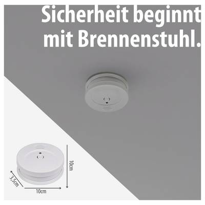 Advertisement poster for Brennenstuhl: Smoke detector on the ceiling, below product image with dimensions 10 cm × 10 cm × 3.5 cm and slogan 'Safety begins with Brennenstuhl.'