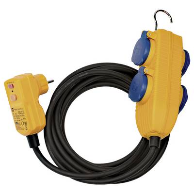 Yellow outdoor extension cord reel with four blue outlet covers and a plugged-in power switch, coiled black cable, hanging hook<br>