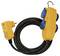 Yellow portable power strip with four blue outlet covers, a black coiled cord, and an attached plug on a white background.