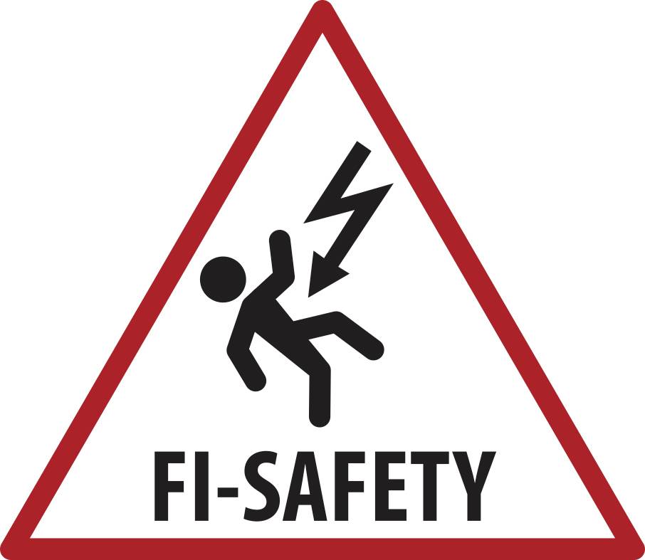 Warning sign with lightning bolt striking a person and the text 'FI-SAFETY', indicating electrical hazard.