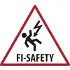 Warning sign with lightning bolt striking a person and the text 'FI-SAFETY', indicating electrical hazard.