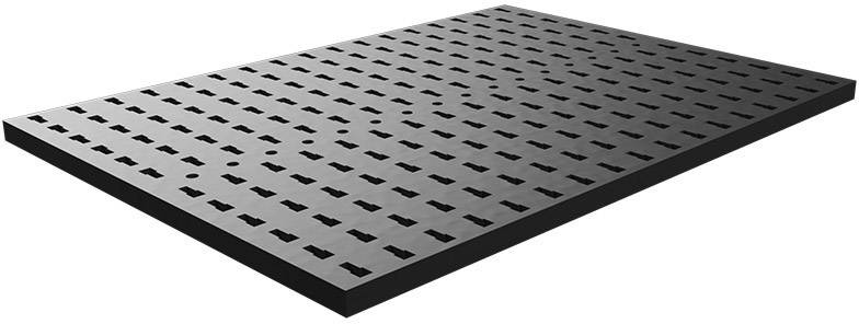 Black, rectangular welding table with uniform hole patterns for flexible mounting.