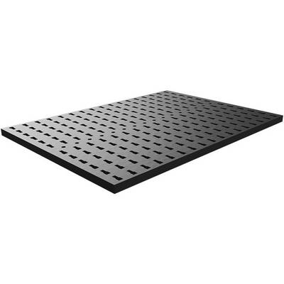 Black, rectangular welding table with uniform hole patterns for flexible mounting.