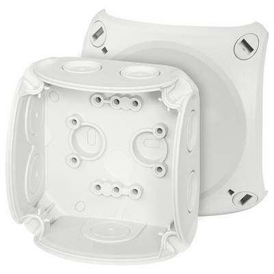 Two empty white plastic junction boxes with round openings on the sides, for use in electrical installations.
