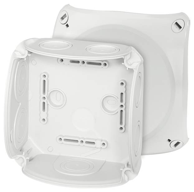 White, rectangular plastic box with a removable lid, showing side and front openings for cable attachments.