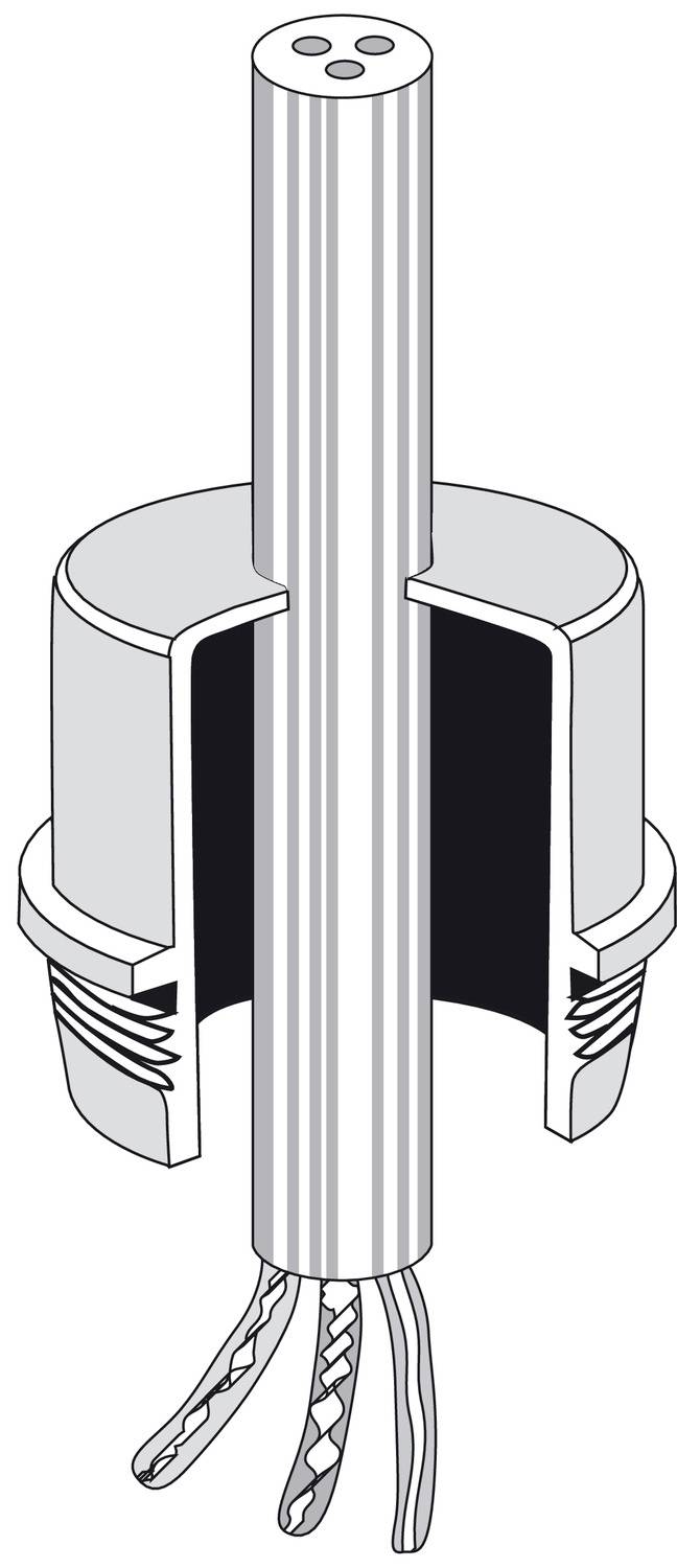 Cross-section of an electrical cable connection with an insulating outer sheath and exposed conductors for connection to a plug.