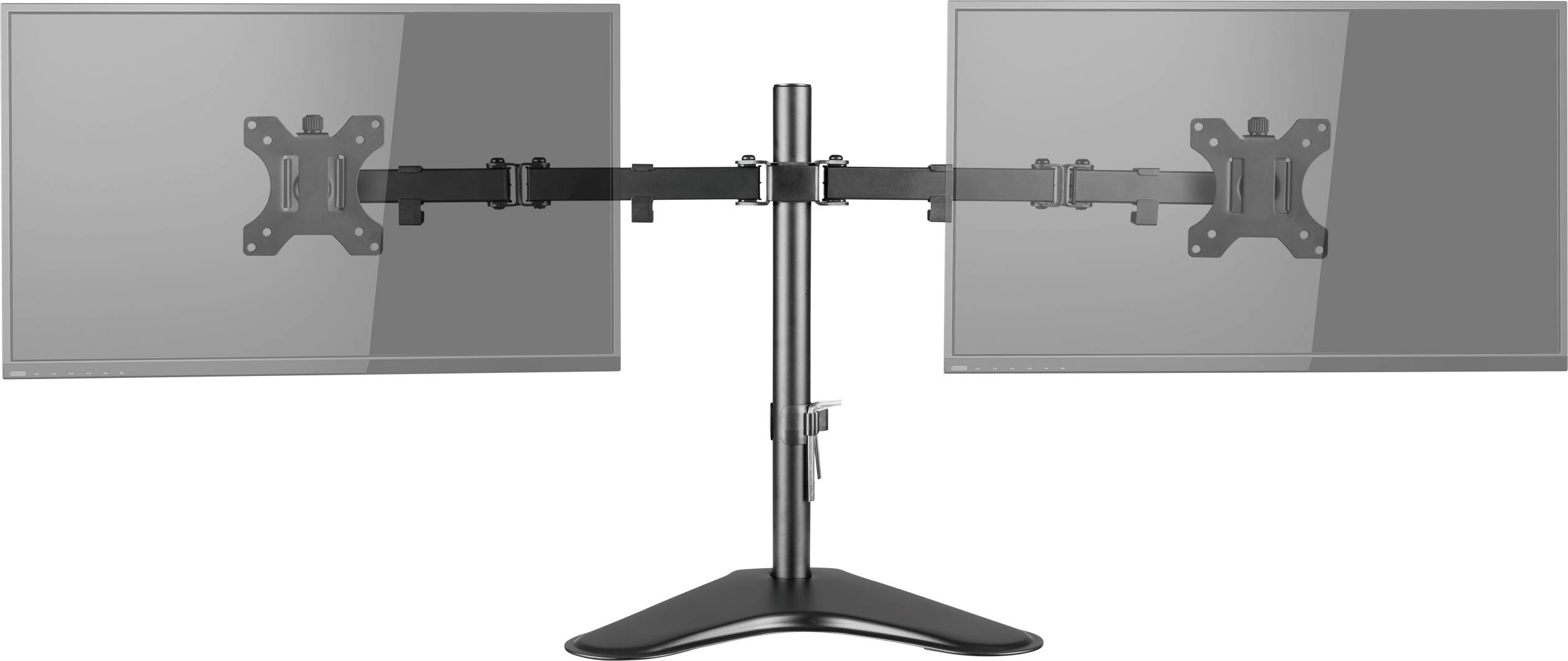 Two height-adjustable monitors mounted side by side on a dual desk stand, viewed from behind.