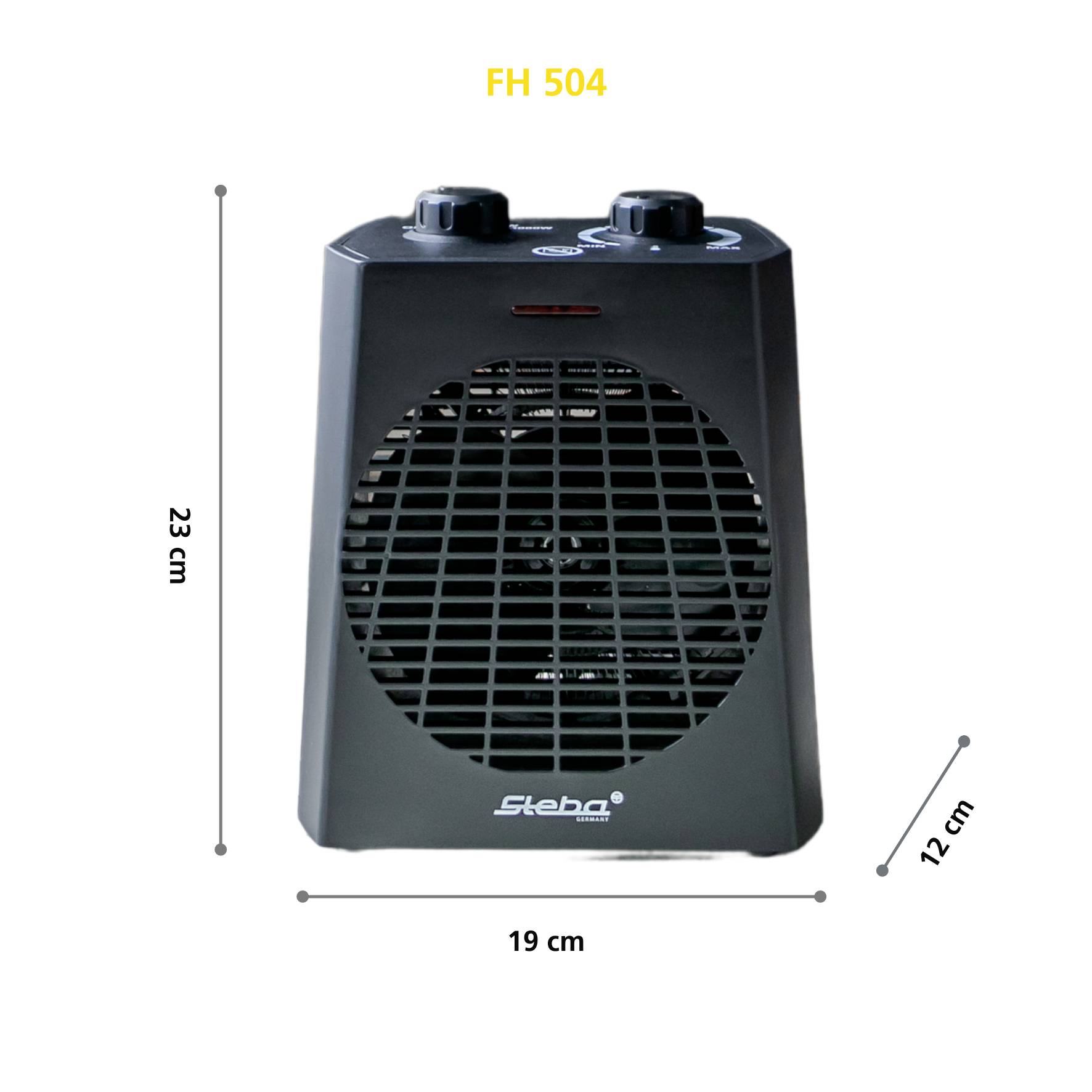 'Steba FH 504' Heater, black, dimensions: 23 cm tall, 19 cm wide, 12 cm deep. Top surface with two rotary knobs for control.