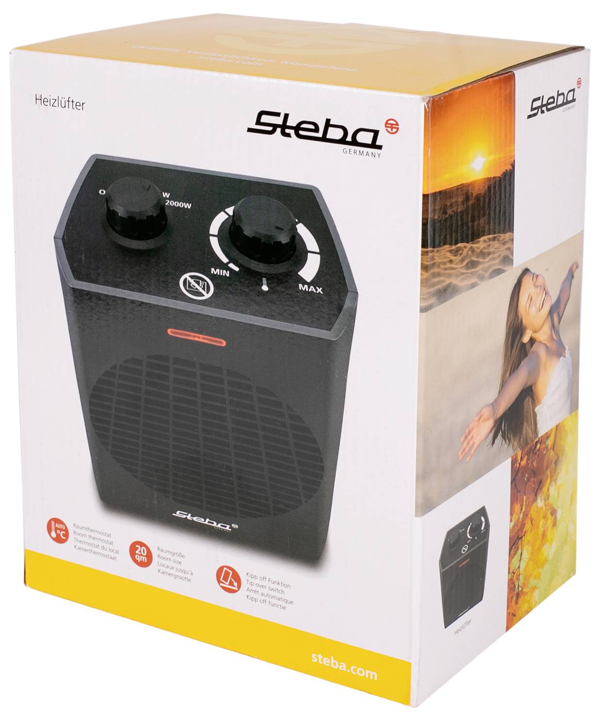 A packaging for a Steba fan heater with two rotary knobs. The box features photos of nature and a person with outstretched arms.