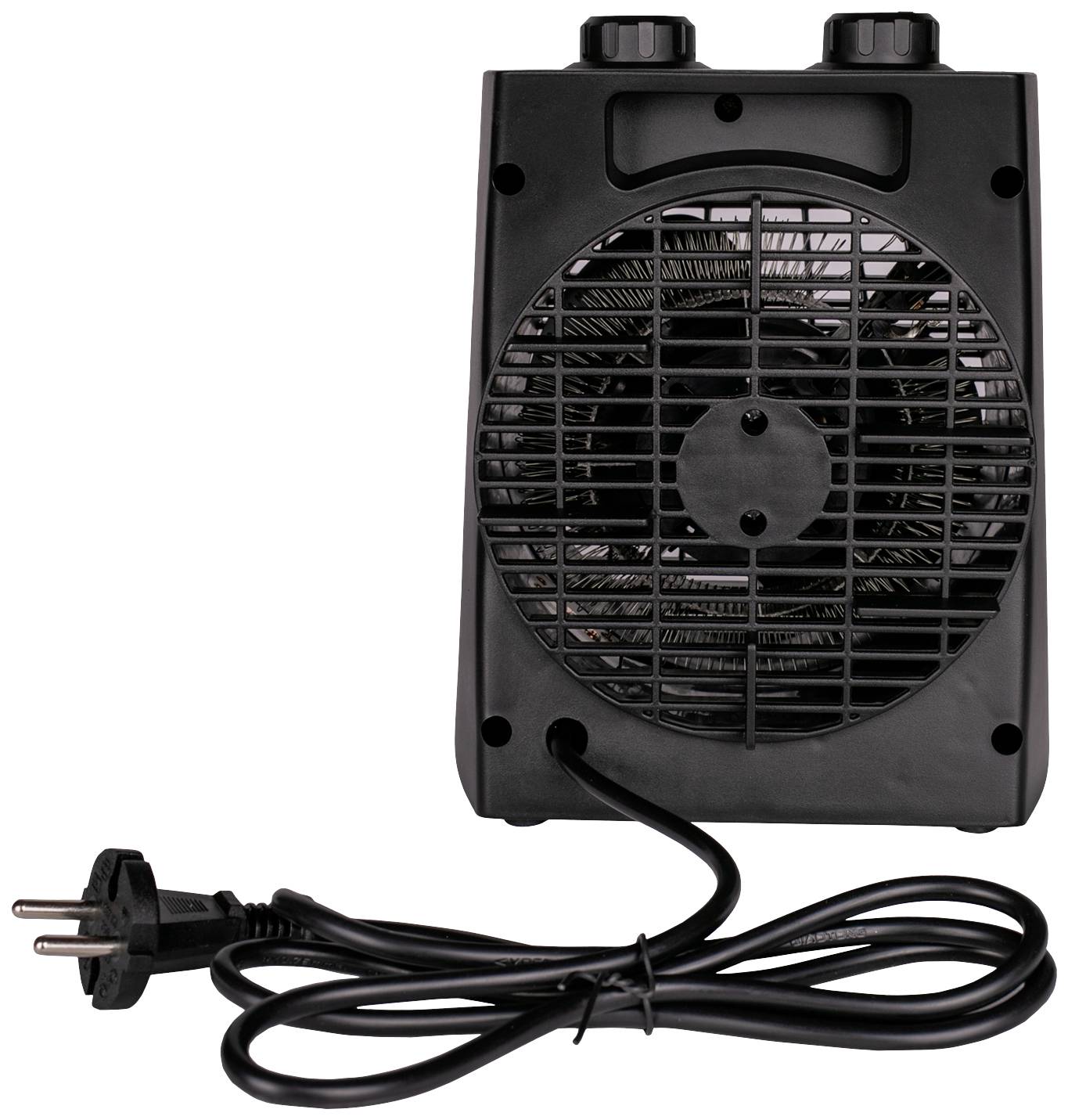 A black portable fan heater, standing upright with visible plug and cable at the front. Suitable for indoor spaces.
