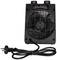 A black portable fan heater, standing upright with visible plug and cable at the front. Suitable for indoor spaces.