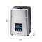 A silver air humidifier with a black display shows 90% humidity. Dimensions: 34 cm high, 22 cm wide, 23 cm deep.