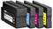 Four ink cartridges in black, cyan, magenta, and yellow are lined up, showcasing a color printing setup.