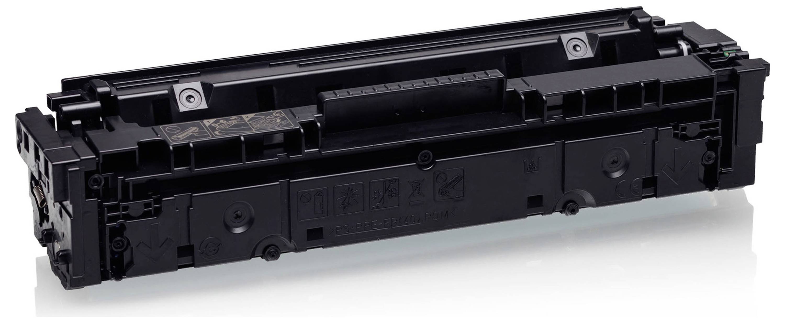 Black printer toner cartridge shown in side view on a white background.