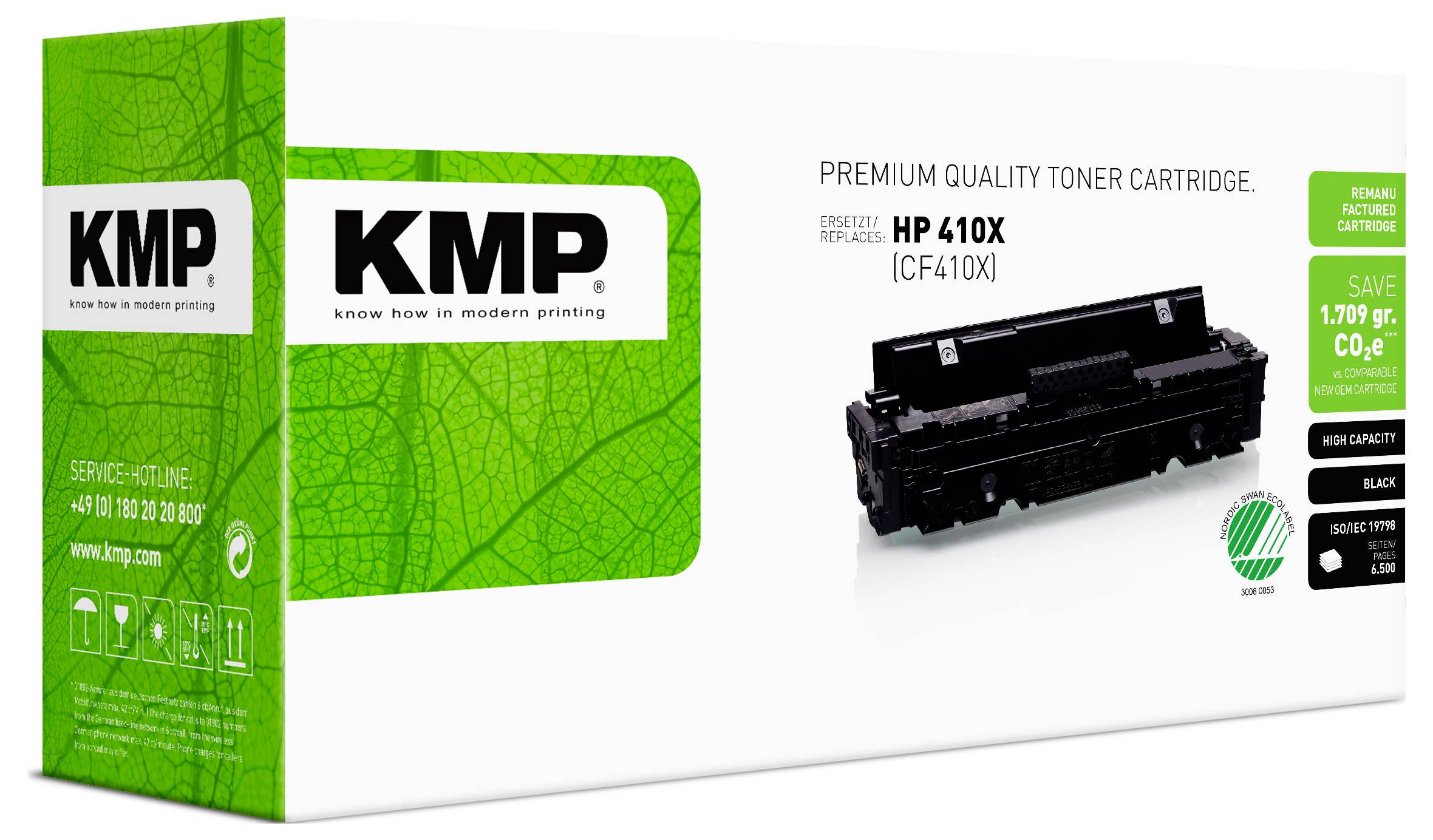 KMP premium quality toner cartridge packaging for HP 410X (CF410X), shown with a black cartridge and green branding on a white box.