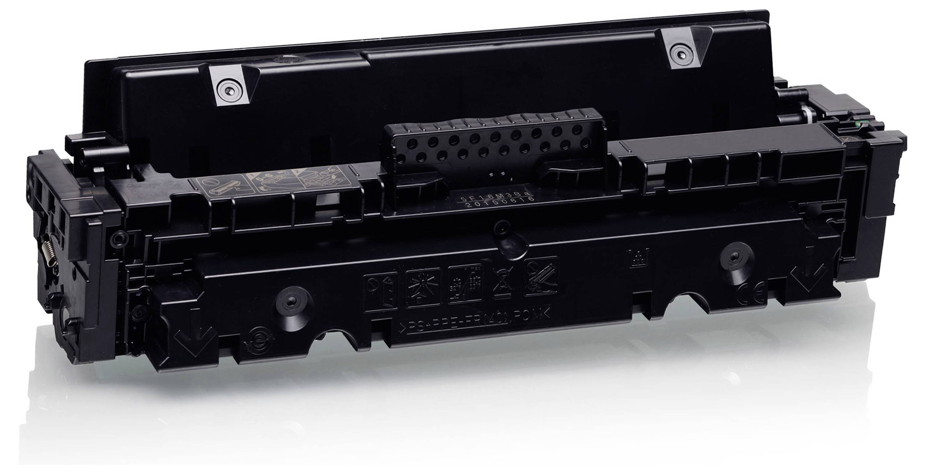 Black printer toner or drum cartridge shown on a white background, angled to display its connector and mounting points.