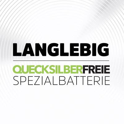 'Long-lasting mercury-free specialist battery' on a white background with concentric circles, text is black and green.