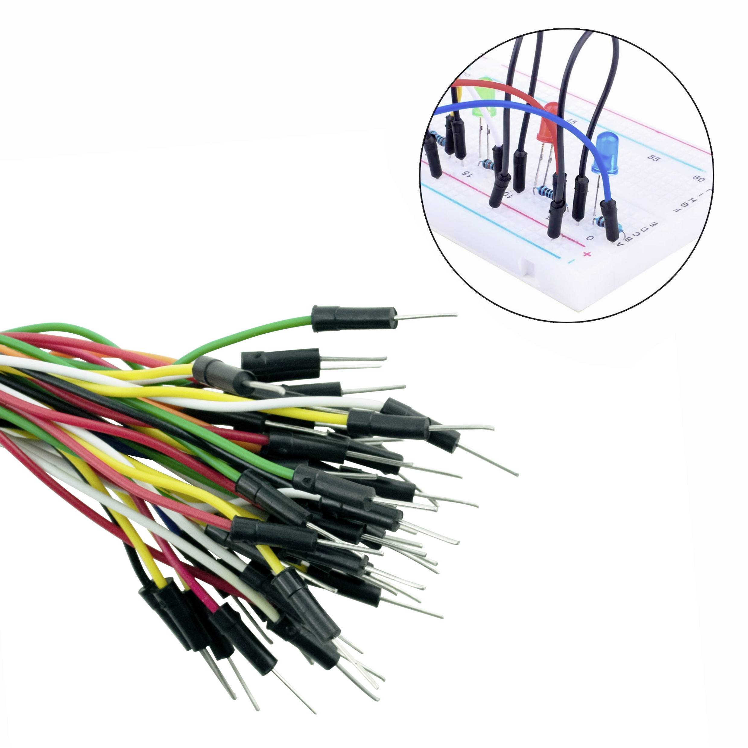 Multicoloured Dupont cables connected to a breadboard, shown in an enlarged circuit diagram view.