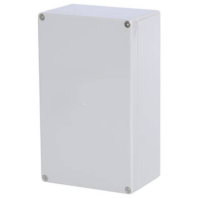 White, rectangular plastic enclosure with rounded corners, secured by four screws. Serves as a housing for electrical components.
