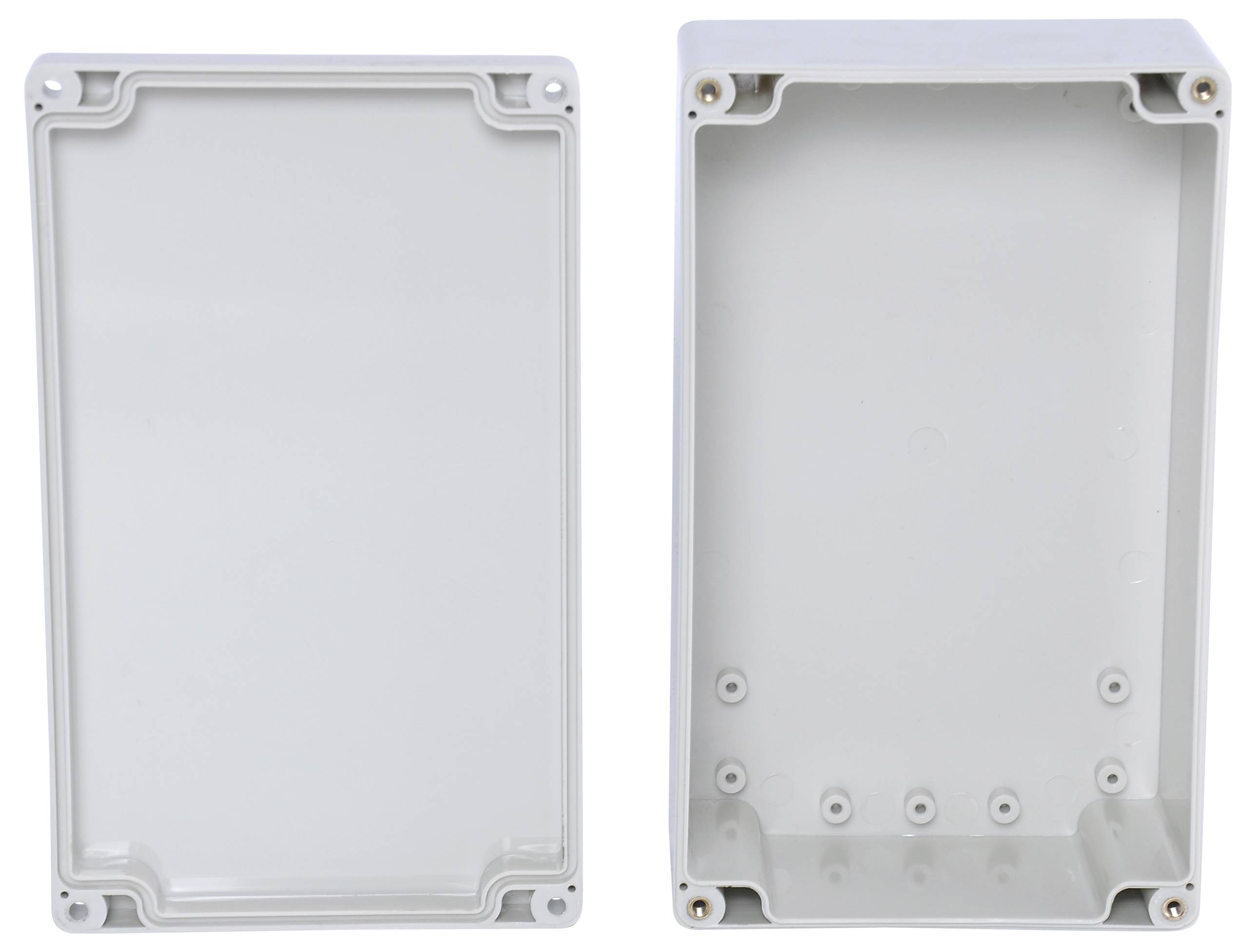 Two grey plastic enclosures in a rectangular shape, one open and one closed. Suitable for electronic components.