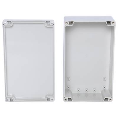 Two grey plastic enclosures in a rectangular shape, one open and one closed. Suitable for electronic components.