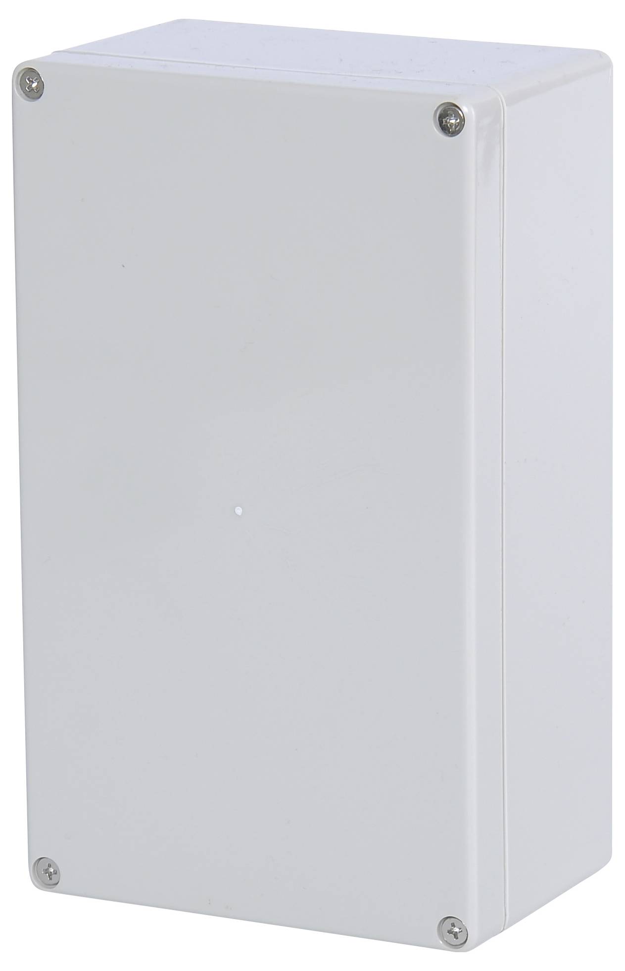 A rectangular, white plastic electronic enclosure with screws at the corners.