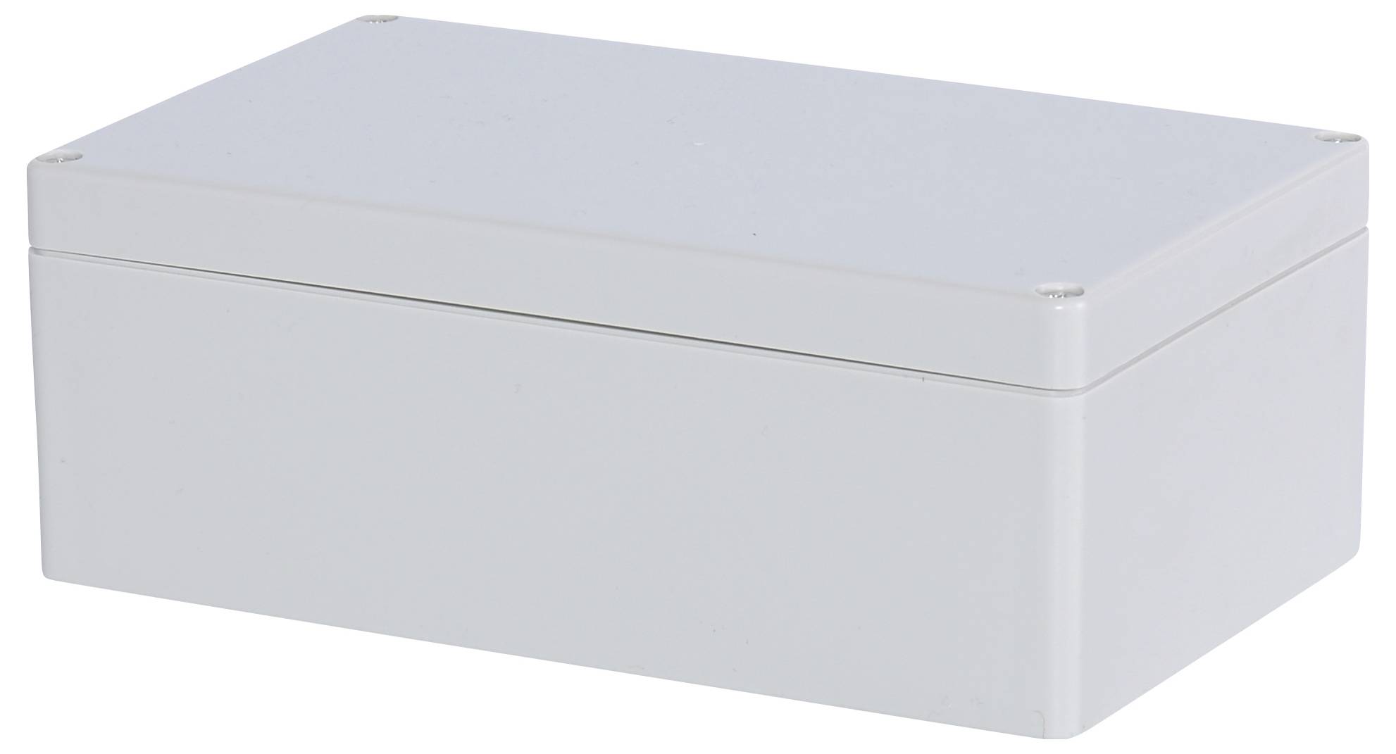 Rectangular, grey plastic enclosure, closed. Suitable for electronic or cable installations.
