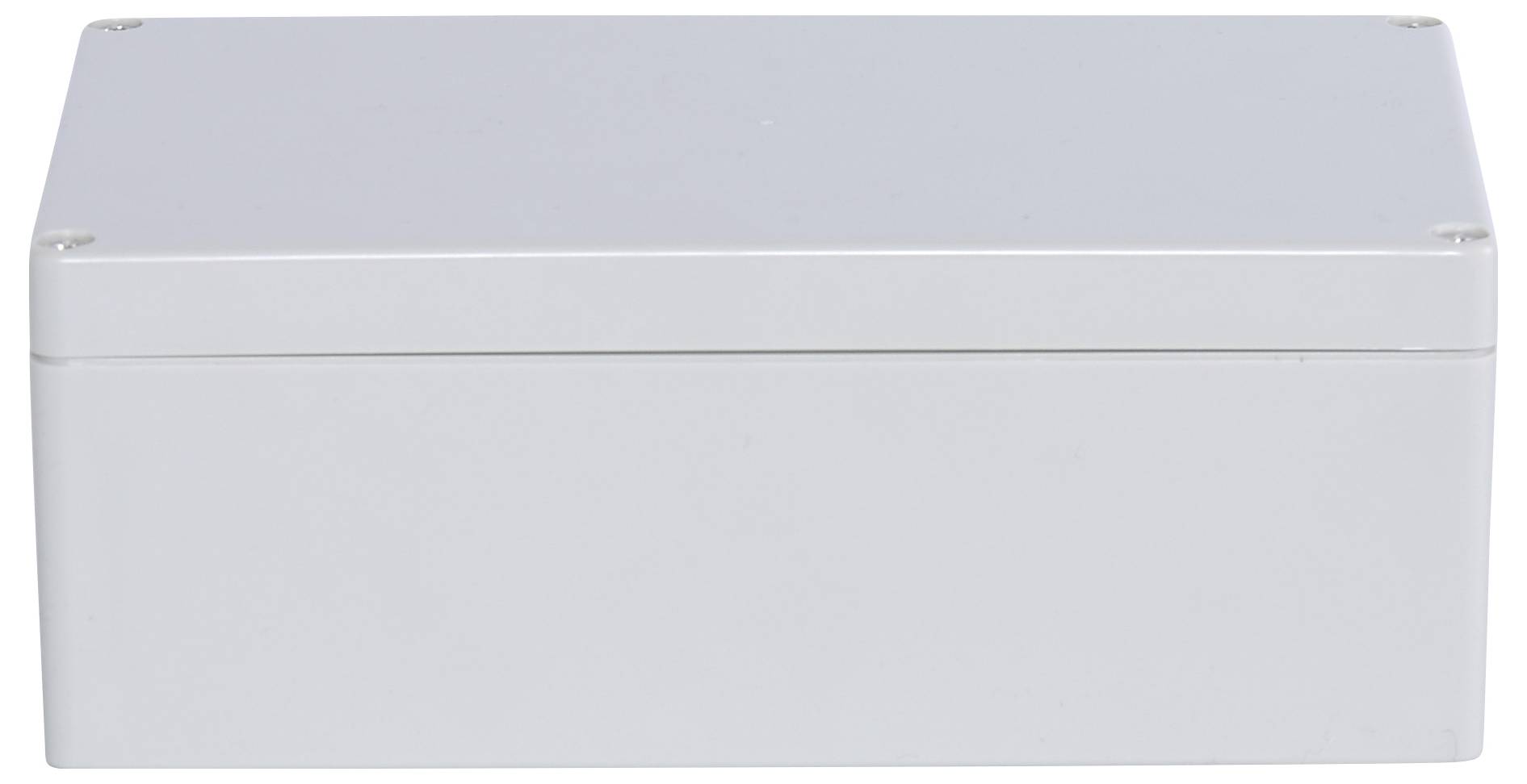 A rectangular, grey metal box with a smooth surface and rounded edges.