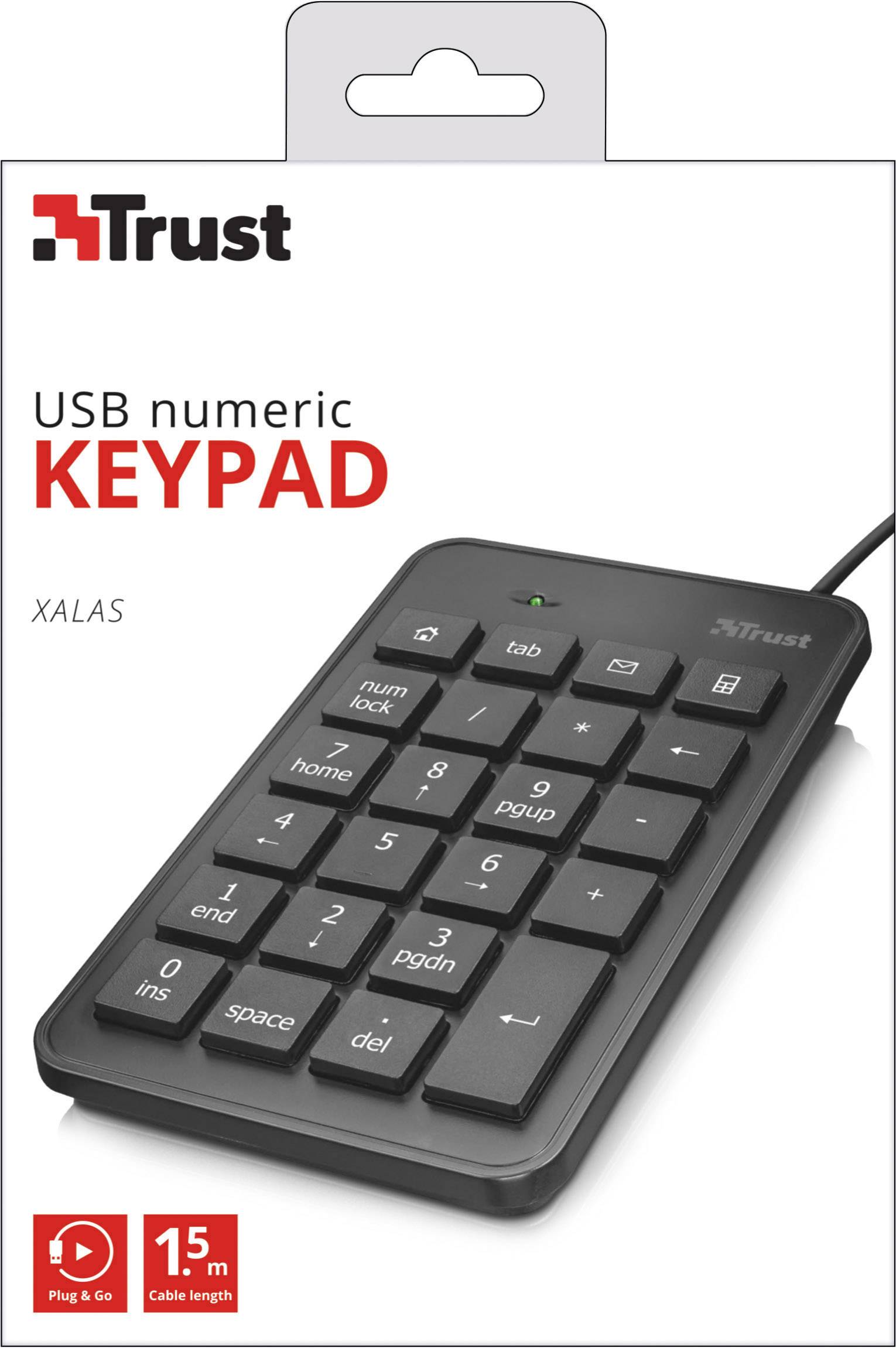 Trust USB Numeric Keypad XALAS, packaged with number pad, highlighting the Plug-&-Go function and 1.5m cable.