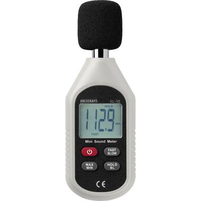 Sound level meter with digital display showing '112.9 dBA'. Three buttons below: 'MAX MIN', 'FAST SLOW', 'HOLD BL'.
