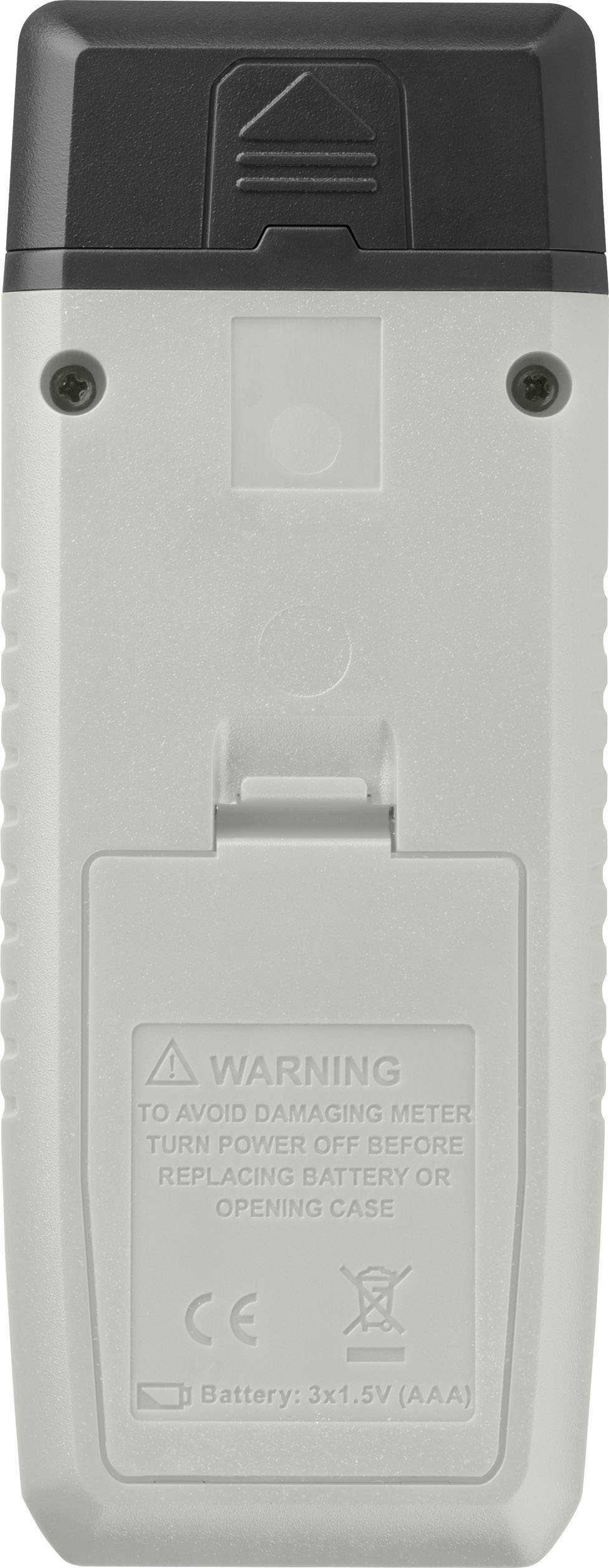 A grey handheld device with a black top. A warning on the back recommends removing the battery before opening the casing.