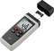 A moisture meter for wood displays 49.9% on a screen, with the protective cap removed and two measuring probes.