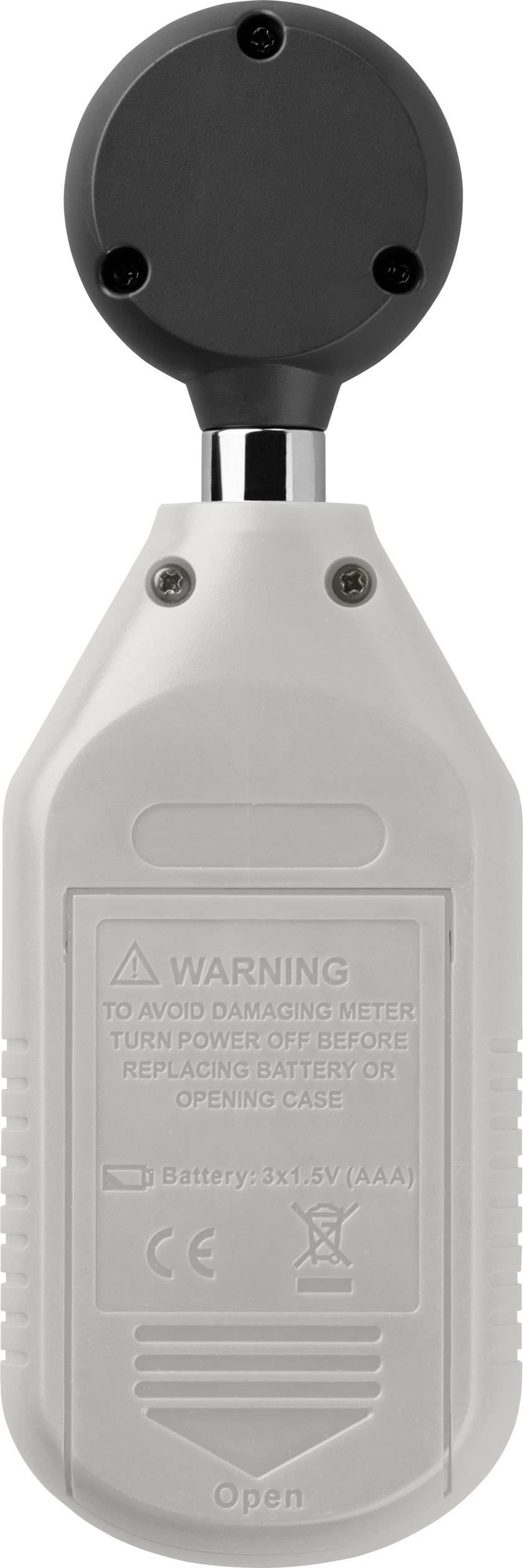A digital handheld measuring device with a rounded black sensor, with a white handle underneath featuring a warning indicator on the reverse side.