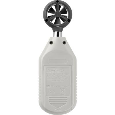 'Back of a portable wind measuring device with a small rotor on top. Battery warning notices on the rear.'