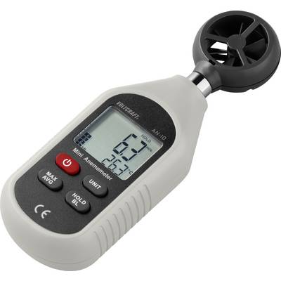 'Mini Anemometer shows wind speed of 6.9 m/s and temperature of 25.3 °C. Black and white device with fan wheel on top.'