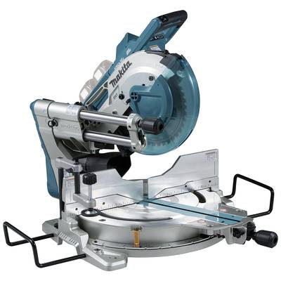 Mitre saw on a table, ready for use. It has a blue and silver design and is precisely suitable for woodworking.
