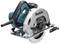Blue and silver handheld circular saw. Suitable for cutting wood. With ergonomic handle and visible Makita logo.
