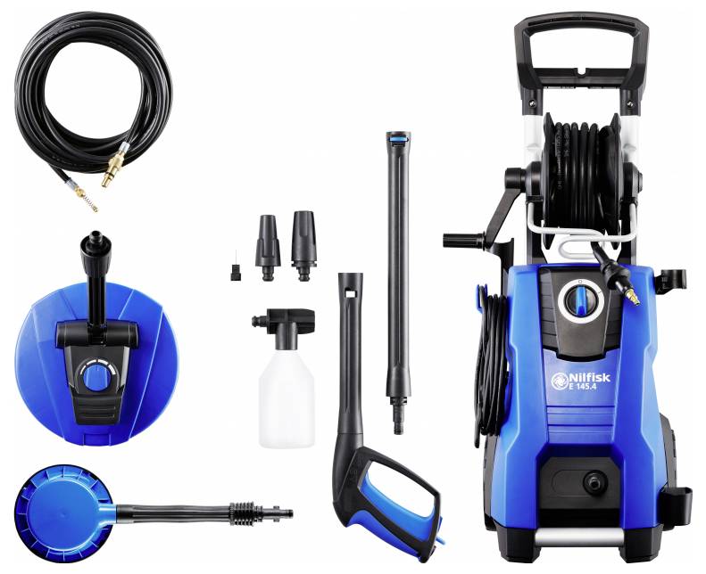 Pressure washer kit with accessories: nozzles, hose, spray bottle, and cleaning attachment. Perfect for thorough cleaning.