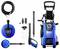 Pressure washer kit with accessories: nozzles, hose, spray bottle, and cleaning attachment. Perfect for thorough cleaning.
